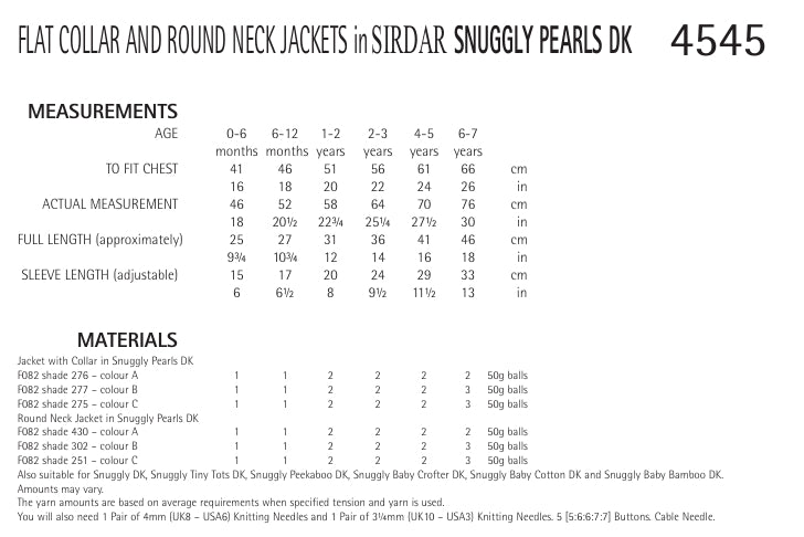 Sirdar Flat Collar and Round Neck Jackets Knitting Pattern in Snuggly Pearls DK 4545P PDF DOWNLOAD