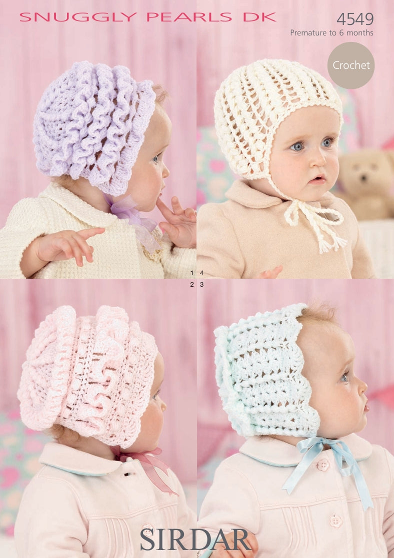 Sirdar Baby Bonnets and Helmets Crochet Pattern in Snuggly Pearls DK 4549P PDF DOWNLOAD