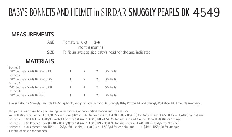Sirdar Baby Bonnets and Helmets Crochet Pattern in Snuggly Pearls DK 4549P PDF DOWNLOAD