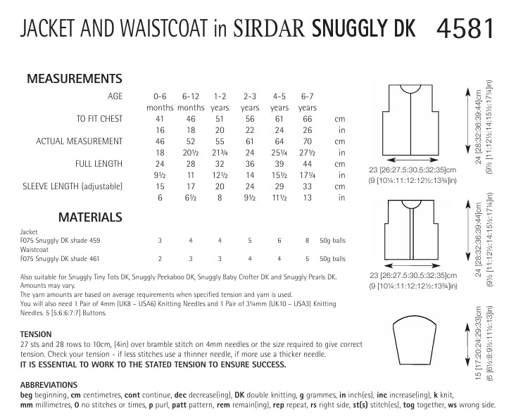 Sirdar Jacket and Waistcoat Knitting Pattern in Snuggly DK 4581P PDF DOWNLOAD