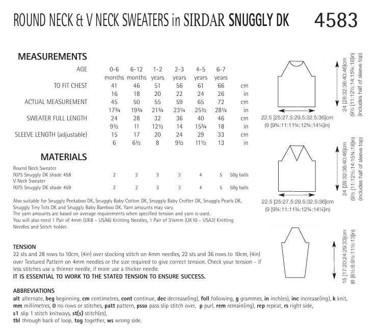 Sirdar Round Neck and V Neck Sweaters Knitting Pattern in Snuggly DK 4583P PDF DOWNLOAD