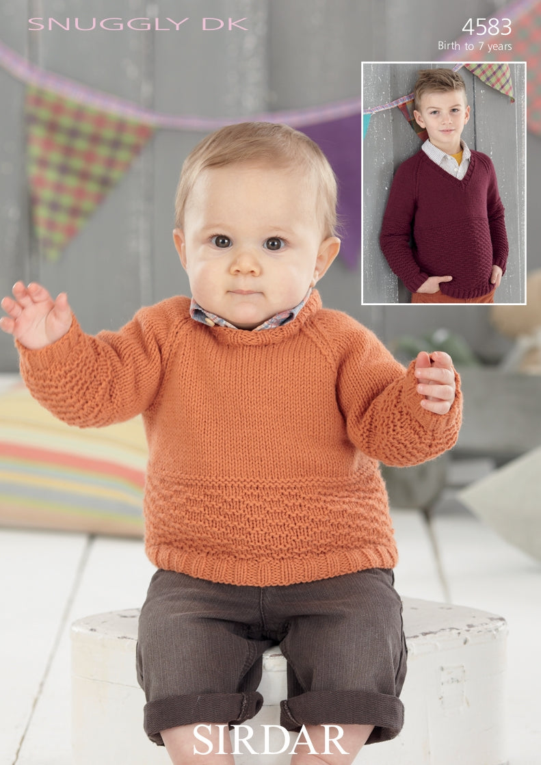 Sirdar Round Neck and V Neck Sweaters Knitting Pattern in Snuggly DK 4583P PDF DOWNLOAD