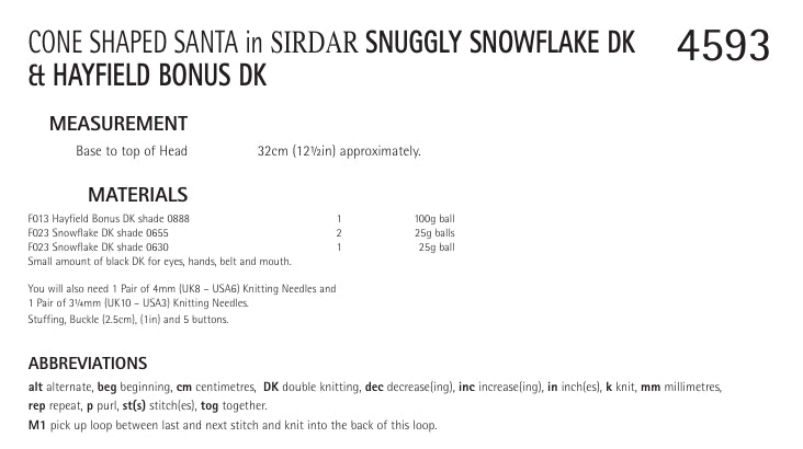 Sirdar Cone Shaped Santa Knitting Pattern in Snuggly Snowflake DK and Hayfield Bonus DK 4586P PDF DOWNLOAD