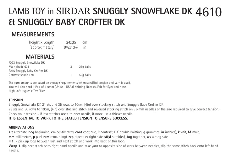 Sirdar Lamb Toy Knitting Pattern in Snuggly Snowflake DK and Baby Crofter DK 4610P PDF DOWNLOAD