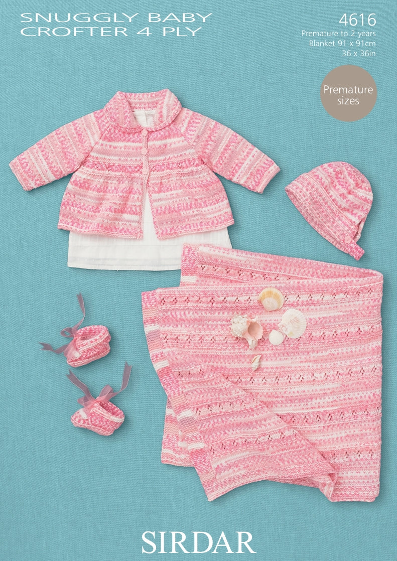 Sirdar Coat, Hat, Bootees and Blanket Knitting Pattern in Snuggly Baby Crofter 4ply 4616P PDF DOWNLOAD