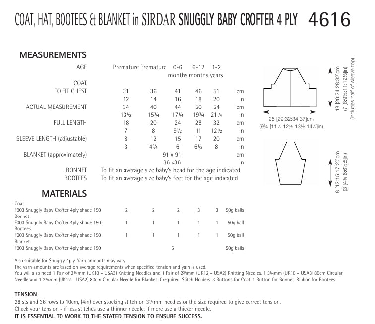 Sirdar Coat, Hat, Bootees and Blanket Knitting Pattern in Snuggly Baby Crofter 4ply 4616P PDF DOWNLOAD
