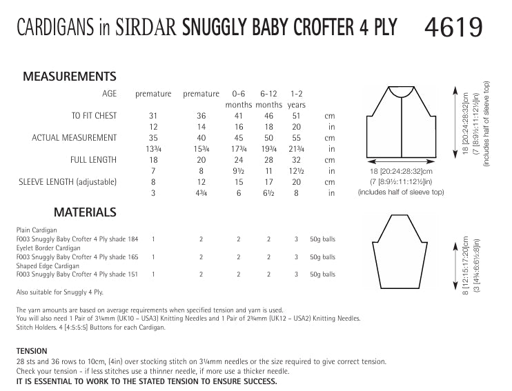 Sirdar Cardigans Knitting Pattern in Snuggly Baby Crofter 4ply 4619P PDF DOWNLOAD
