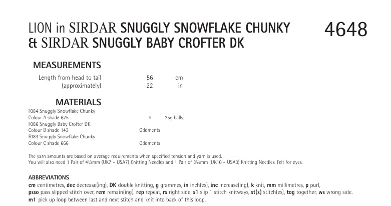 Sirdar Lion Toy Knitting Pattern in Snuggly Snowflake Chunky and Baby Crofter DK 4648P PDF DOWNLOAD
