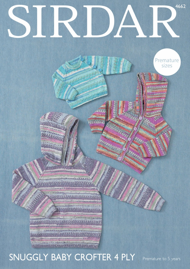Sirdar Sweater, Hooded Jacket and Sweater Knitting Pattern in Snuggly Baby Crofter 4ply 4662P PDF DOWNLOAD