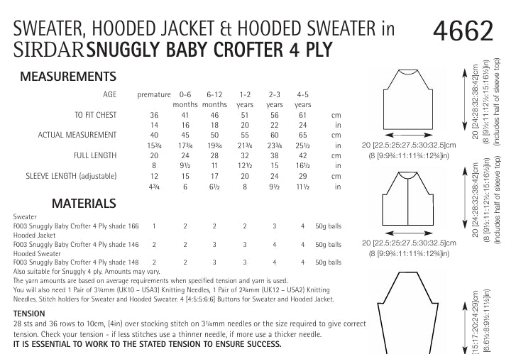 Sirdar Sweater, Hooded Jacket and Sweater Knitting Pattern in Snuggly Baby Crofter 4ply 4662P PDF DOWNLOAD