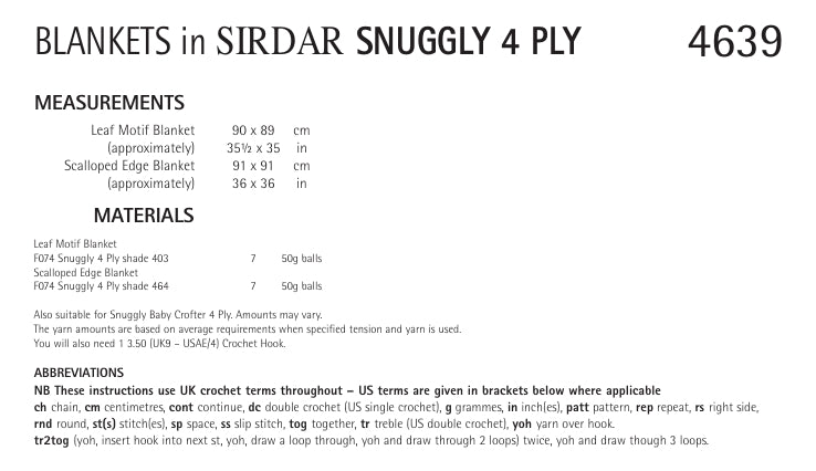 Sirdar Blankets Crochet Pattern in Snuggly 4ply 4639P PDF DOWNLOAD