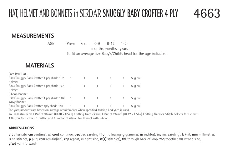 Sirdar Hat, Helmet and Bonnets Knitting Pattern in Snuggly Baby Crofter 4ply 4663P PDF DOWNLOAD