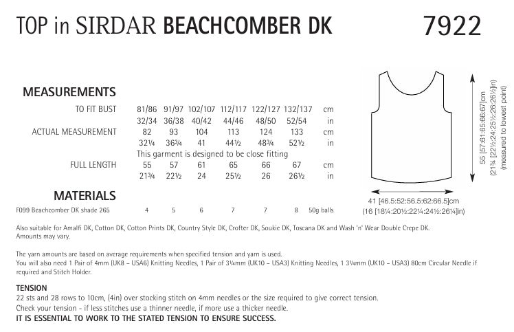 Sirdar Top Knitting Pattern in Sirdar Beachcomber DK 7922P PDF DOWNLOAD