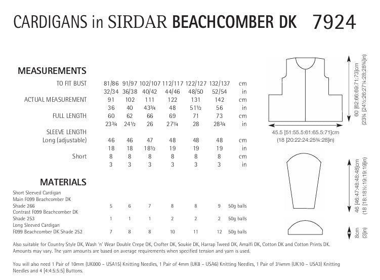 Sirdar Cardigans Knitting Pattern in Sirdar Beachcomber DK 7924P PDF DOWNLOAD