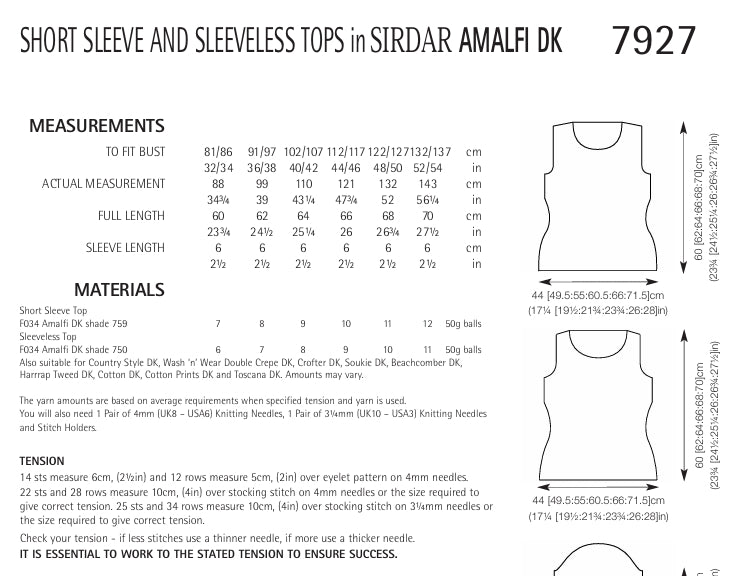 Sirdar Short Sleeve and Sleeveless Tops Knitting Pattern in Sirdar Amalfi DK 7927P PDF DOWNLOAD