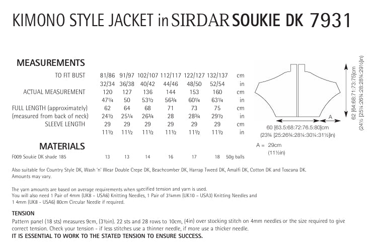 Sirdar Kimono Style Jacket Knitting Pattern in Sirdar Soukie DK 7931P PDF DOWNLOAD