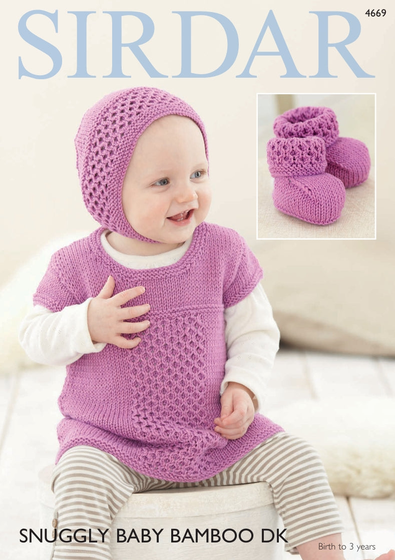 Sirdar Dress, Bonnet and Bootees Knitting Pattern in Snuggly Baby Bamboo DK 4669P PDF DOWNLOAD