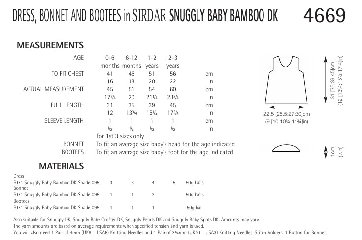 Sirdar Dress, Bonnet and Bootees Knitting Pattern in Snuggly Baby Bamboo DK 4669P PDF DOWNLOAD