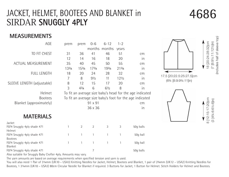 Sirdar Jacket, Helmet and Bootees Knitting Pattern in Snuggly 4ply 4686P PDF DOWNLOAD