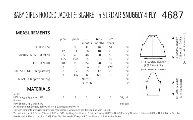 Sirdar Baby Girls Hooded Jacket and Blanket Knitting Pattern in Snuggly 4ply 4687P PDF DOWNLOAD