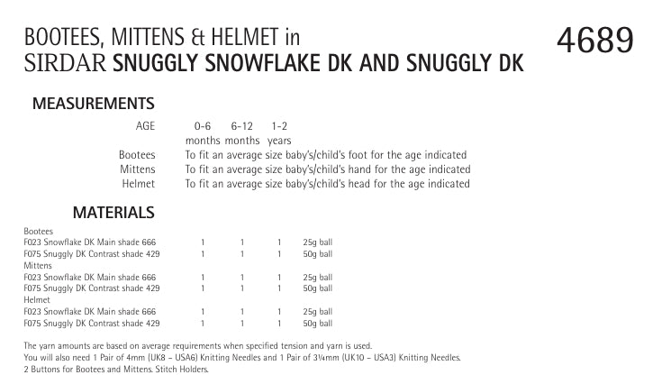 Sirdar Bootees, Mittens and Helmet Knitting Pattern in Snowflake DK and Snuggly DK 4689P PDF DOWNLOAD
