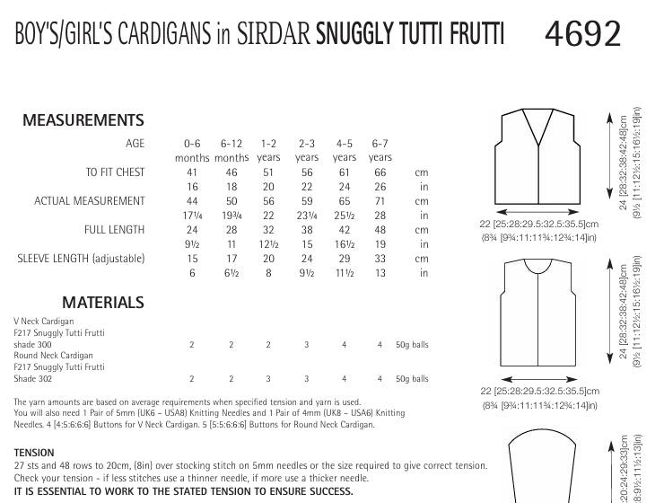 Sirdar Cardigans Knitting Pattern in Snuggly Tutti Frutti 4692P PDF DOWNLOAD
