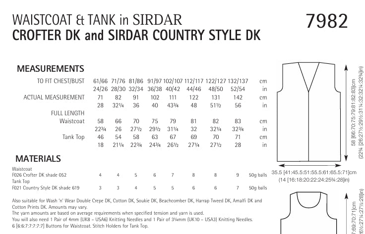 Sirdar Tank Top and Waistcoat Knitting Pattern in Crofter DK and Country Style DK 7982P PDF DOWNLOAD