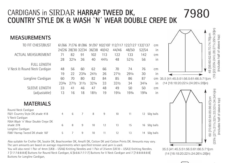 Sirdar Cardigans Knitting Pattern in Harrap Tweed DK and Double Crepe DK 7980P PDF DOWNLOAD