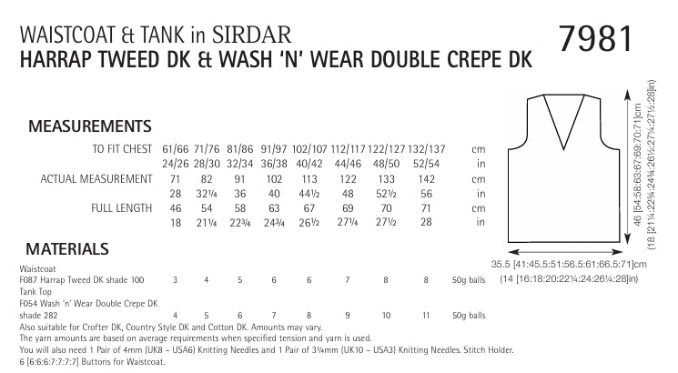 Sirdar Tank Top and Waistcoat Knitting Pattern in Harrap Tweed DK and Double Crepe DK 7981P PDF DOWNLOAD