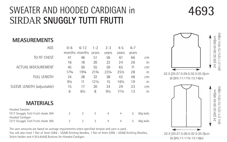 Sirdar Sweater and Hooded Cardigan Knitting Pattern in Snuggly Tutti Frutti 4693P PDF DOWNLOAD
