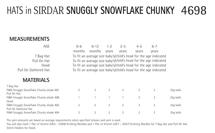 Sirdar Hats Knitting Pattern in Snuggly Snowflake Chunky 4698P PDF DOWNLOAD