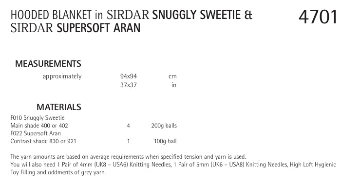Sirdar Hooded Blanket Knitting Pattern in Snuggly Sweetie and Supersoft Aran 4701P PDF DOWNLOAD