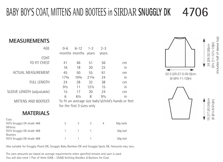 Sirdar Baby Boy Coat, Mittens and Bootees Knitting Pattern in Snuggly DK 4706P PDF DOWNLOAD