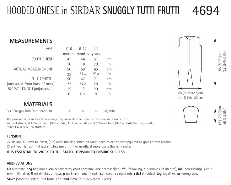 Sirdar Hooded Onesie Knitting Pattern in Snuggly Tutti Frutti 4694P PDF DOWNLOAD