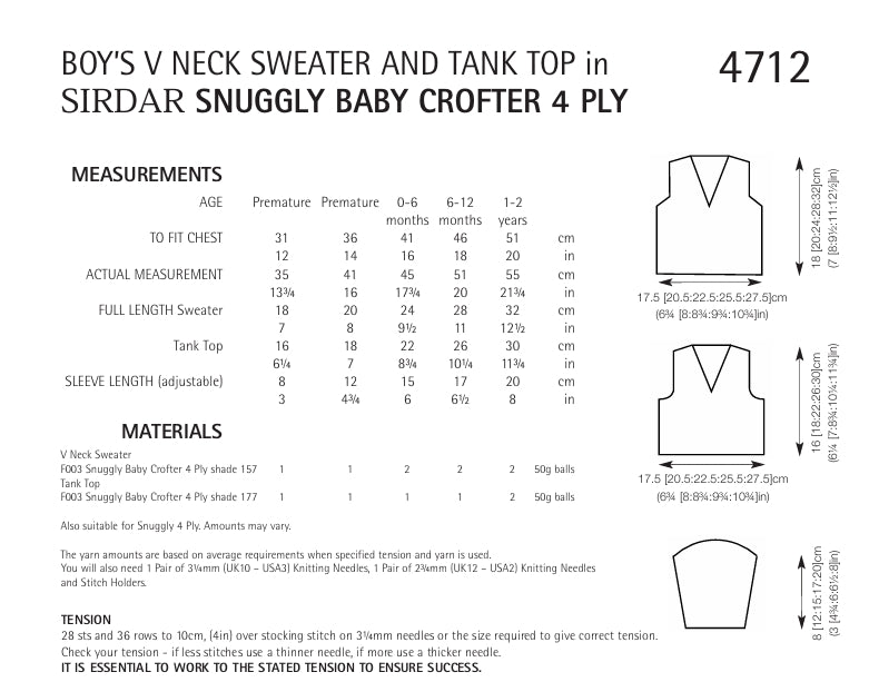 Sirdar V Neck Sweater and Tank Top Knitting Pattern in Snuggly Baby Crofter 4ply 4712P PDF DOWNLOAD