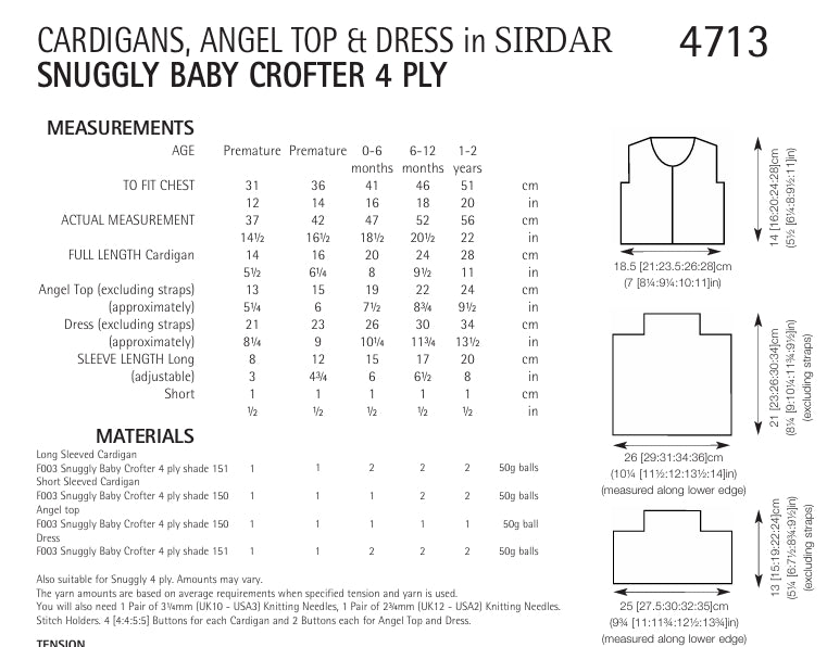 Sirdar Cardigans, Angel Top and Dress Knitting Pattern in Snuggly Baby Crofter 4ply 4713P PDF DOWNLOAD