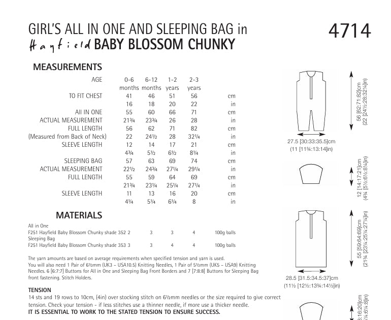 Hayfield Girls All in One and Sleeping Bag Knitting Pattern in Hayfield Baby Blossom Chunky 4714P PDF DOWNLOAD
