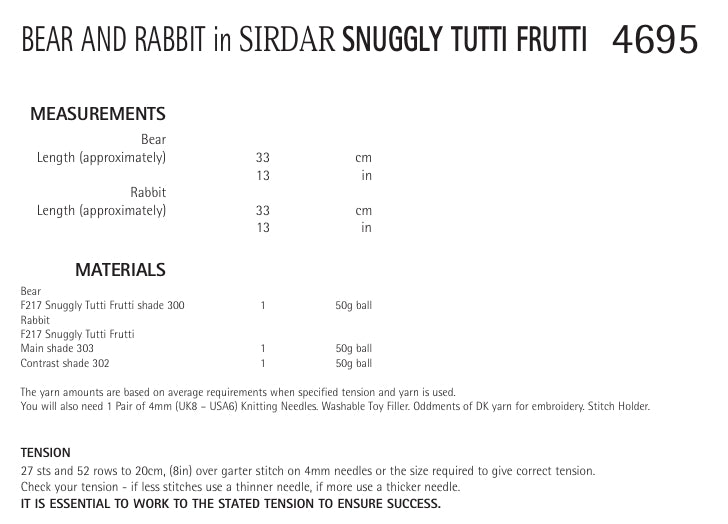 Sirdar Bear and Rabbit Knitting Pattern in Snuggly Tutti Frutti 4695P PDF DOWNLOAD