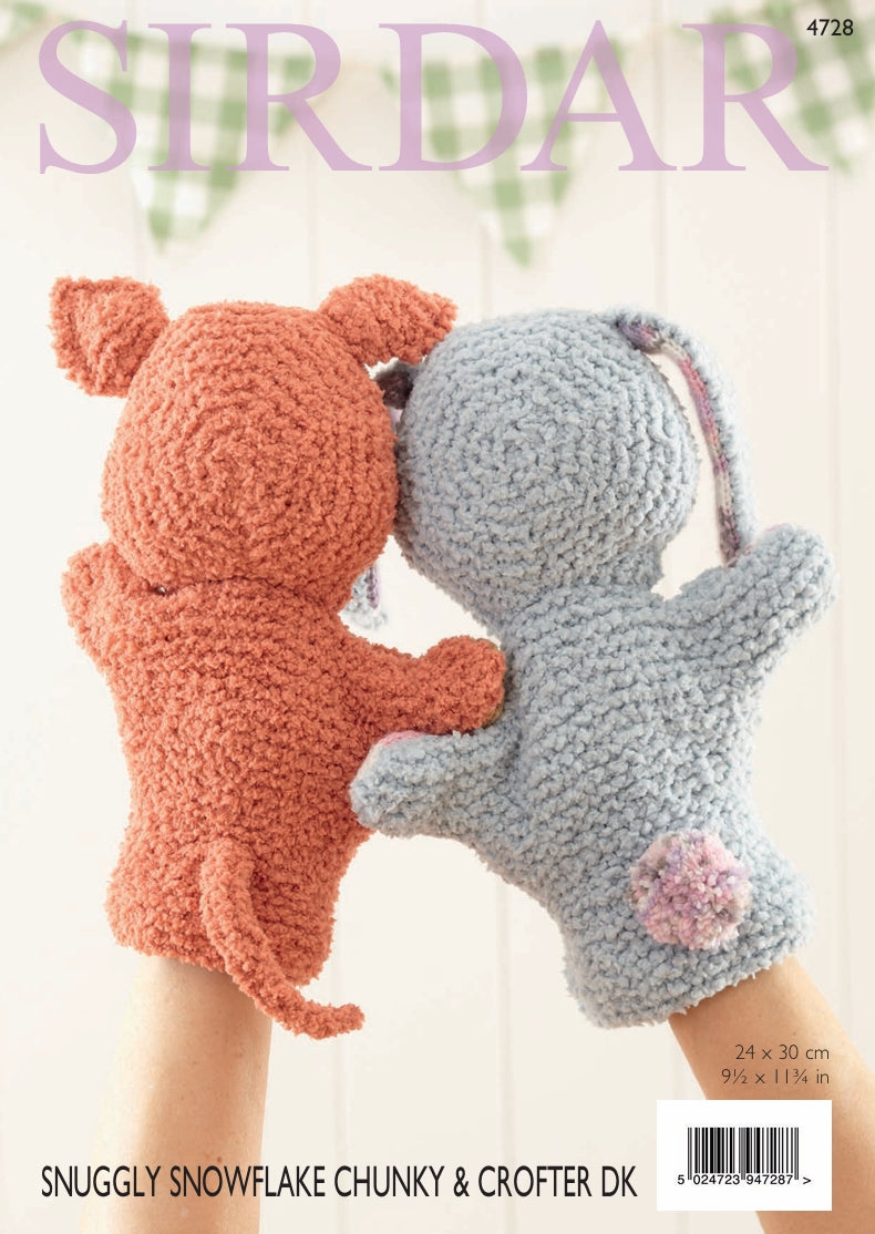 Sirdar Hand Puppets Knitting Pattern in Sirdar Snuggly Snowflake Chunky and Baby Crofter DK 4728P PDF DOWNLOAD