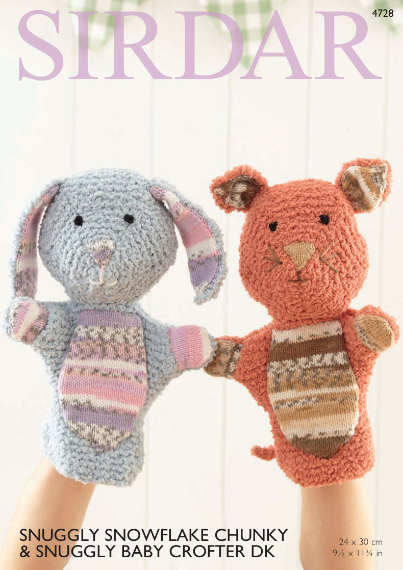 Sirdar Hand Puppets Knitting Pattern in Sirdar Snuggly Snowflake Chunky and Baby Crofter DK 4728P PDF DOWNLOAD