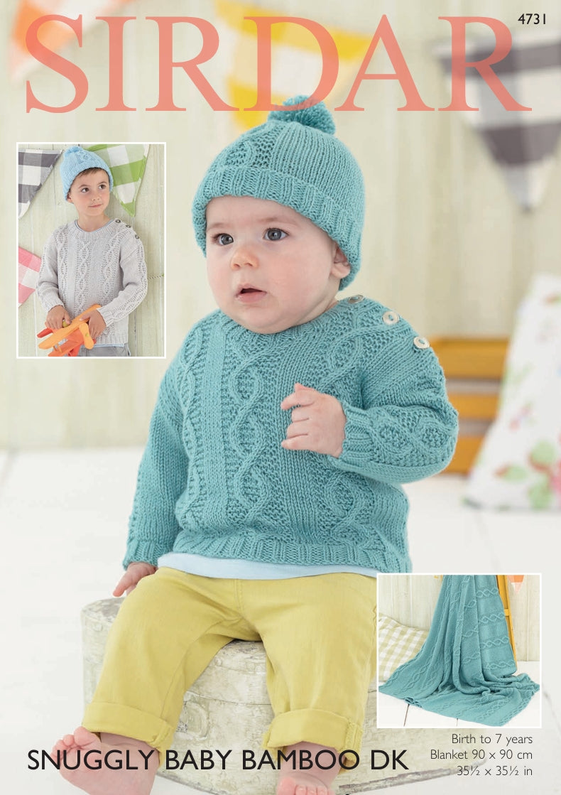 Sirdar Sweater, Hat and Blanket Knitting Pattern in Sirdar Snuggly Baby Bamboo DK 4731P PDF DOWNLOAD