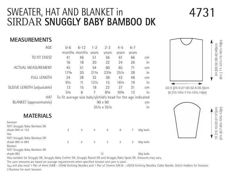 Sirdar Sweater, Hat and Blanket Knitting Pattern in Sirdar Snuggly Baby Bamboo DK 4731P PDF DOWNLOAD