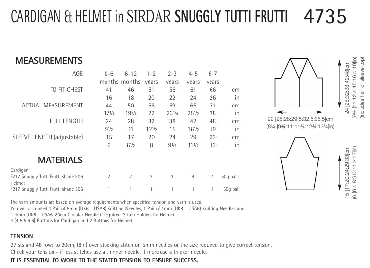 Sirdar Cardigan and Helmet Knitting Pattern in Sirdar Snuggly Tutti Frutti 4735P PDF DOWNLOAD