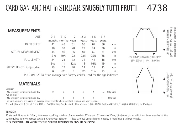 Sirdar Cardigan and Hat Knitting Pattern in Sirdar Snuggly Tutti Frutti 4738P PDF DOWNLOAD
