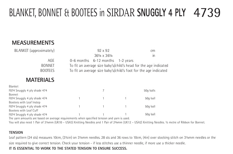 Sirdar Blanket, Bonnet and Bootees Knitting Pattern in Sirdar Snuggly 4ply 4739P PDF DOWNLOAD