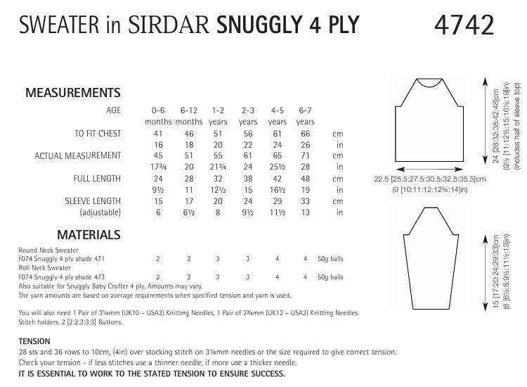 Sirdar Sweater Knitting Pattern in Sirdar Snuggly 4ply 4742P PDF DOWNLOAD