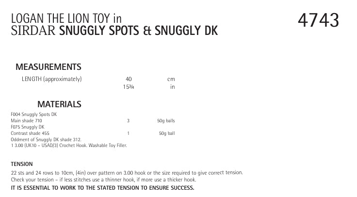 Sirdar Logan the Lion Toy Knitting Pattern in Sirdar Snuggly Spots and Snuggly DK 4743P PDF DOWNLOAD