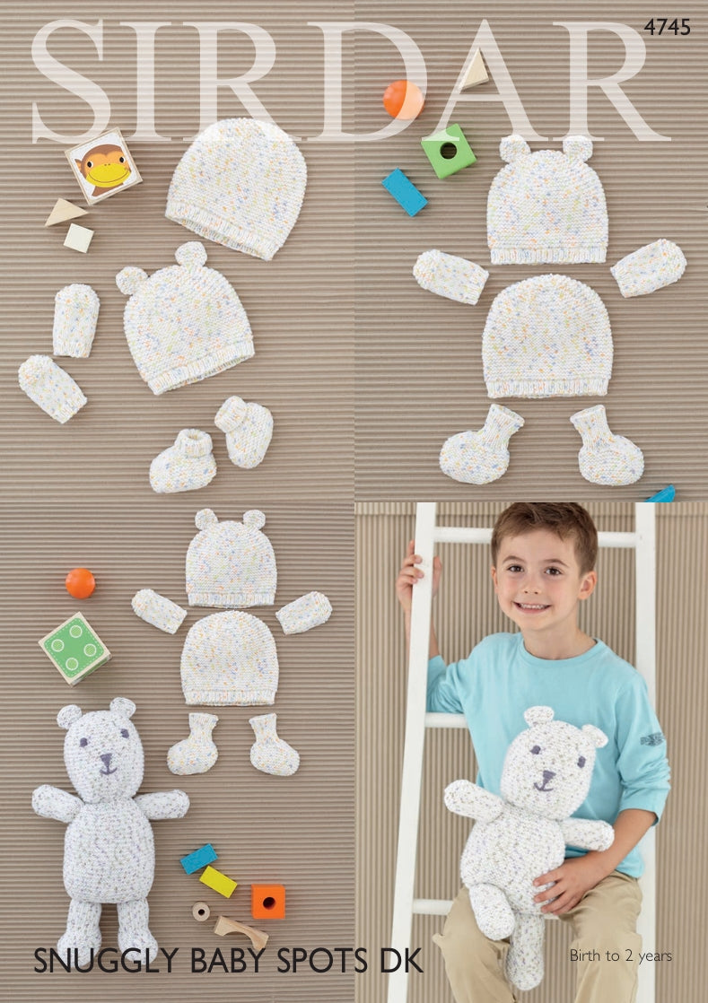 Sirdar Hats, Mittens, Bootees and Bootee Bear Knitting Pattern in Sirdar Snuggly Spots DK 4745P PDF DOWNLOAD