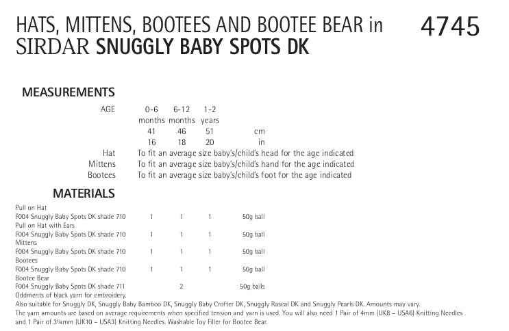 Sirdar Hats, Mittens, Bootees and Bootee Bear Knitting Pattern in Sirdar Snuggly Spots DK 4745P PDF DOWNLOAD
