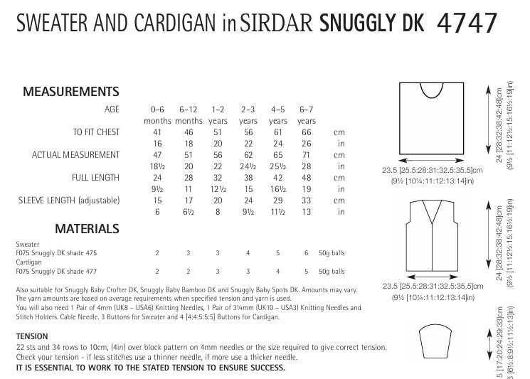 Sirdar Sweater and Cardigan Knitting Pattern in Sirdar Snuggly DK 4747P PDF DOWNLOAD